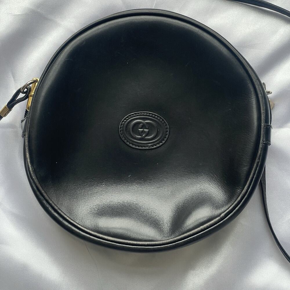 Vintage Gucci Round Canteen Crossbody Black Shoulder Bag Handbag GG Logo